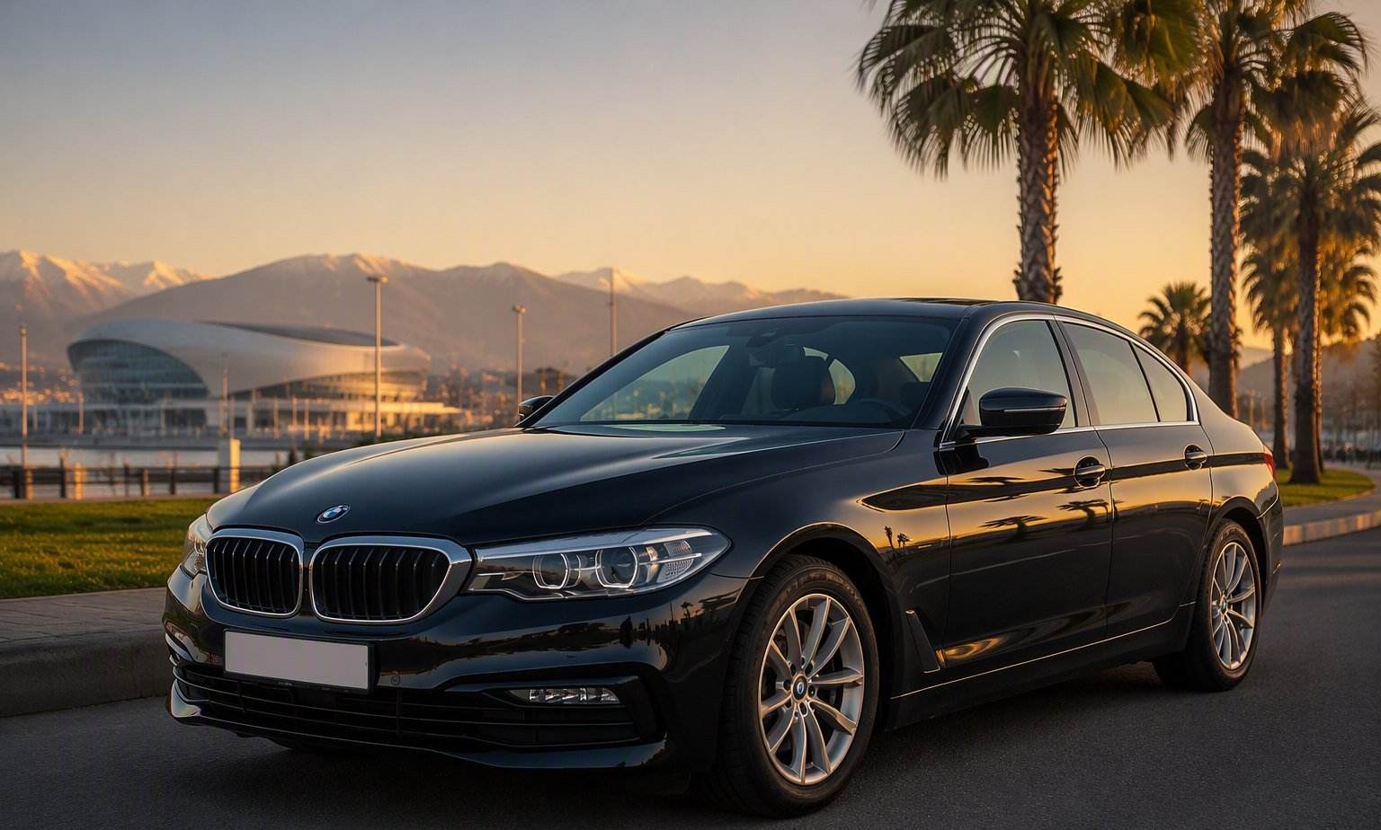 BMW 520d на закате в Олимпийском парке Сочи