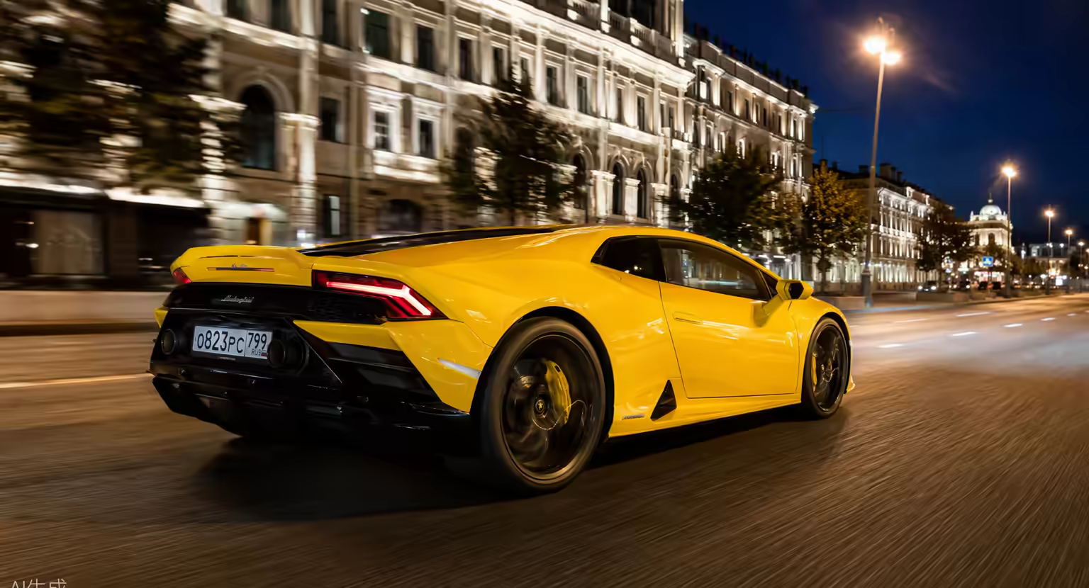 Жёлтый Lamborghini Huracán EVO на вечерней улице